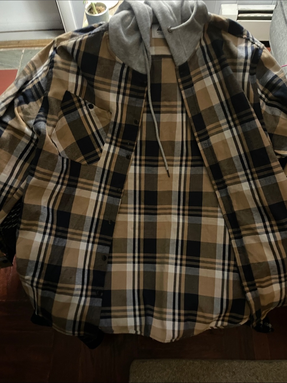 Men's Hooded Plaid Shacket - Tan & Black